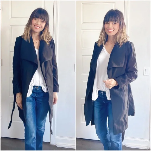 013 Classic Black Wide Collar belted Trench Coat Jacket - Picture 2 of 4